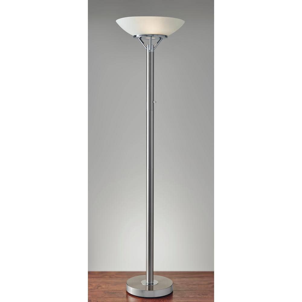 Expo Brushed Steel Torchiere Floor Lamp with Frosted Glass Shade