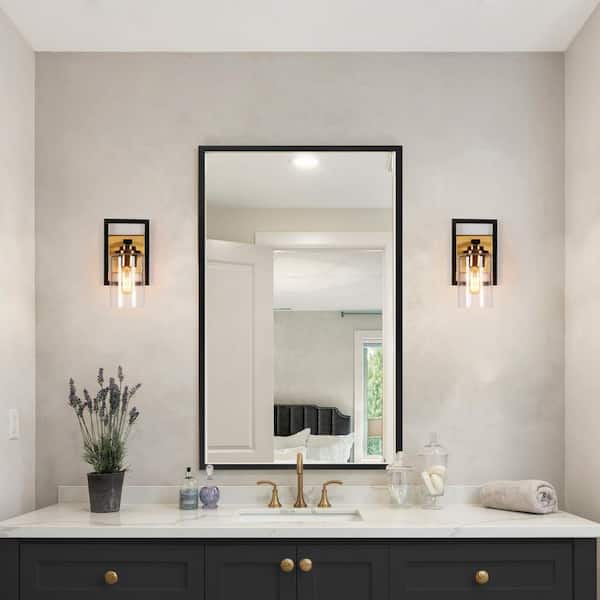 1-Light Brass Gold Modern Indoor Wall Sconce, Black Bathroom Vanity Light, Cylinder Seeded Glass Wall Light for Bedroom