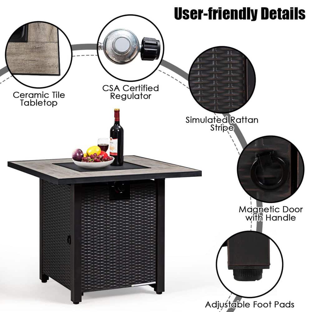 30" Black Steel Square Gas Fire Pit Table with Ceramic Tile Top