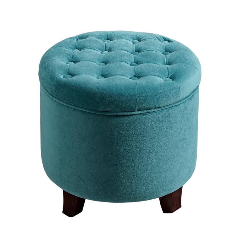 Teal Velvet Tufted Round Ottoman with Rustic Wood Legs