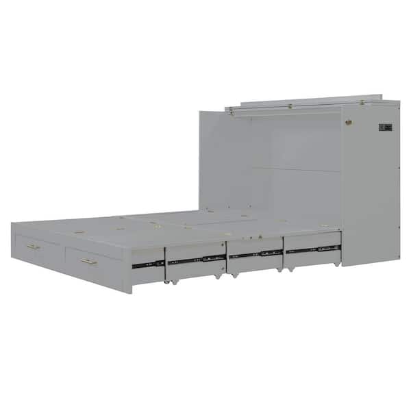 Qualler Gray Wood Frame Queen Size Murphy Bed with Drawer and USB Port