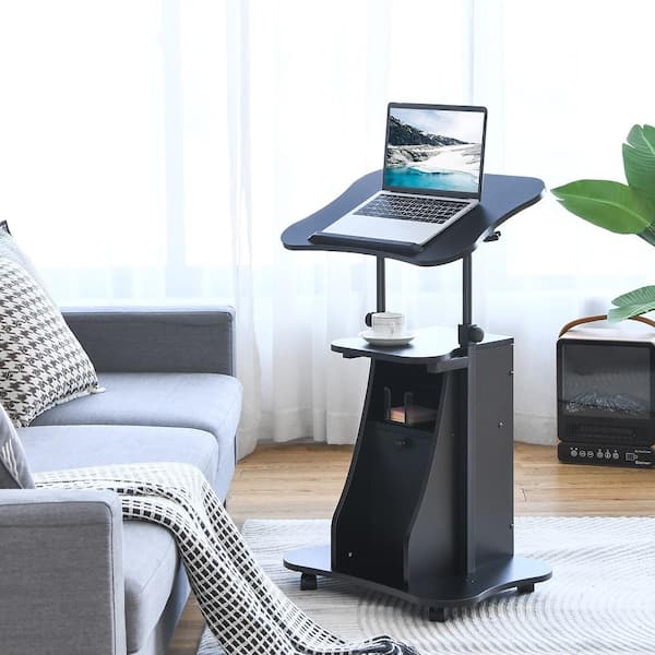 21.5 in. Black Height Adjustable Standing Desk Mobile Podium Cart with Tilt Desktop and Door Cabinet
