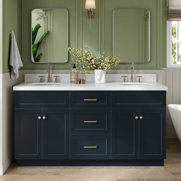 ARIEL Hamlet 67 in. W x 22 in. D x 36 Double Sink Freestanding Bath Vanity in Midnight Blue with Pure White Quartz Top
