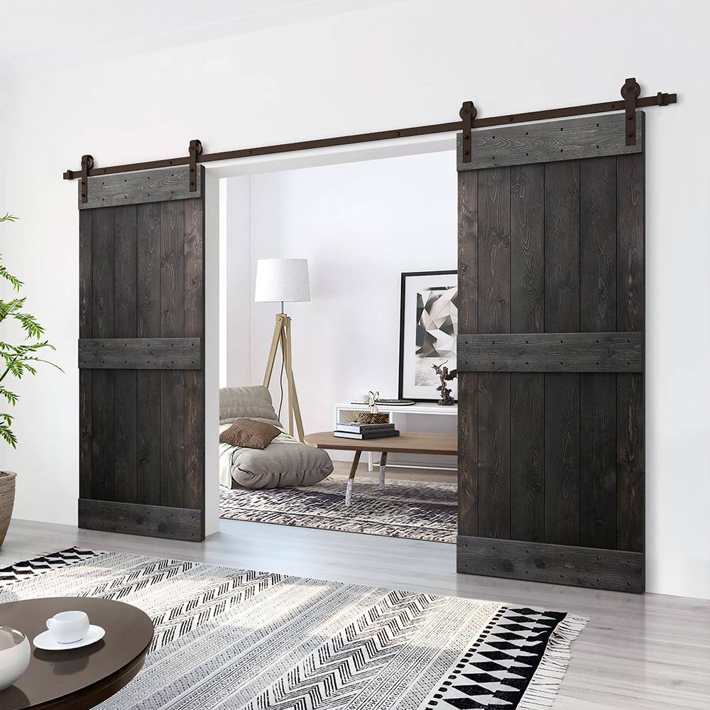 Charcoal Black Solid Pine Wood Double Barn Door Kit with Oil Rubbed Bronze Hardware