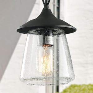 Modern Farmhouse Black Outdoor Pendant Light for Covered Porch Gazebo, 1-Light Hanging light with Seeded Glass Shade