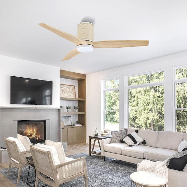 52 In. 3 Solid Wood Blades Flush Mount Ceiling Fan with Light Kit and Remote White and Natural Wood Color