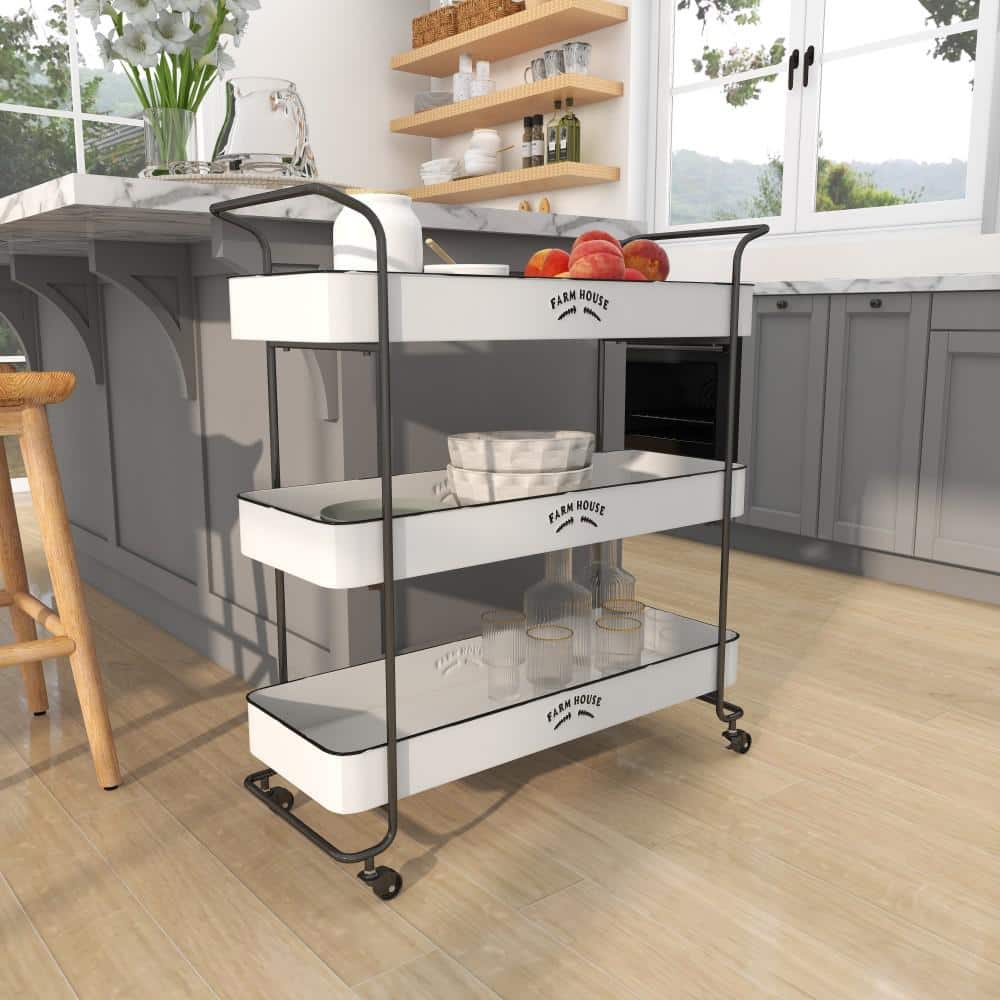 White Metal Rolling Utility Cart with Black Accents and Farmhouse Design