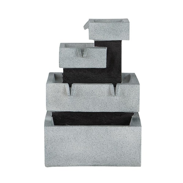 22.40 in. 4 Tier Polyresin Gray and Black Block Floor Waterfall Fountain with Light