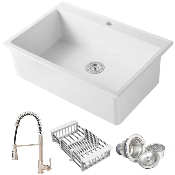 Workstation 33 in. Drop-In Single Bowl White Fireclay Kitchen Bundle and Faucets with Basket Strainer
