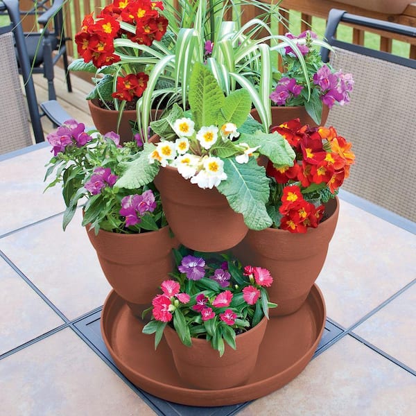 13 in. 3-Tier Resin Flower and Herb Vertical Gardening Planter in Terra Cotta