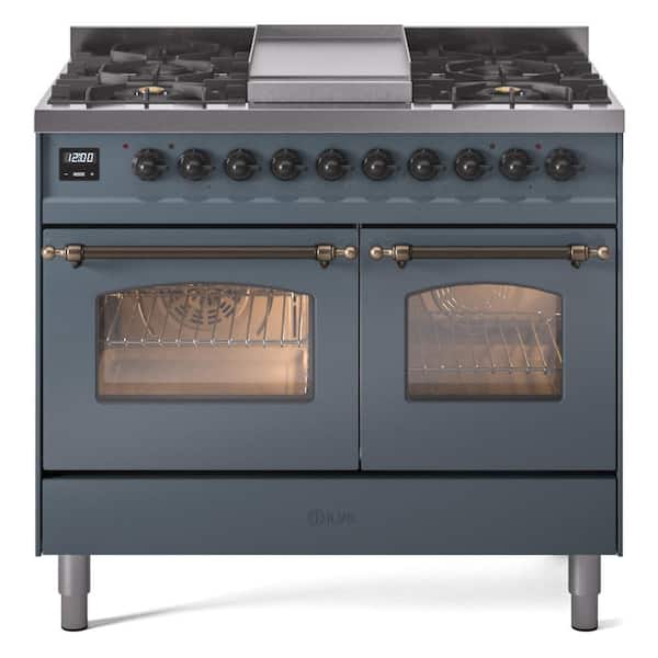 ILVE Nostalgie II 40 in. 6 Burner Plus Griddle Freestanding Double Oven Dual Fuel Range in Blue Grey with Bronze