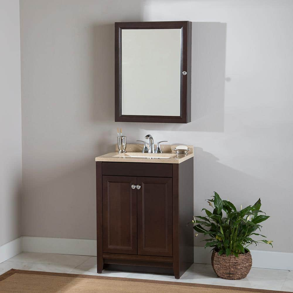 Glacier BayDelridge 25 in. W x 19 in. D x 35 in. H Chocolate Single Sink Bath Vanity with Caramel Cultured Marble Top