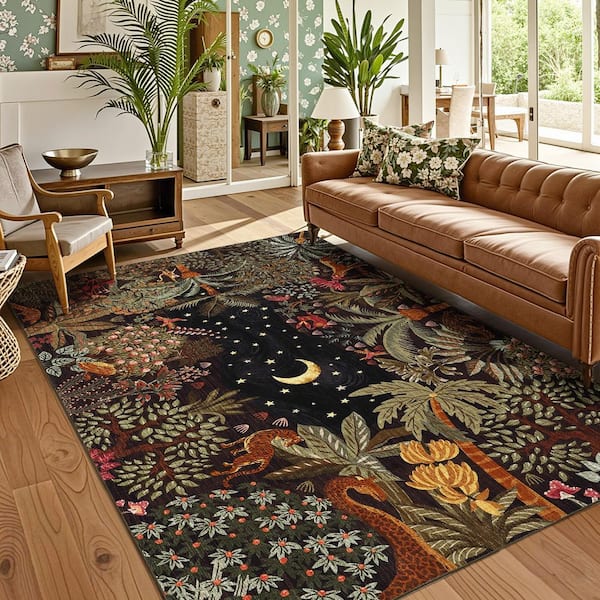 Coffee 5 ft. x 7 ft. Washable Jungle Botanical Print Rug Soft and Non-Slip for Bedrooms Kid's Rooms and Offices