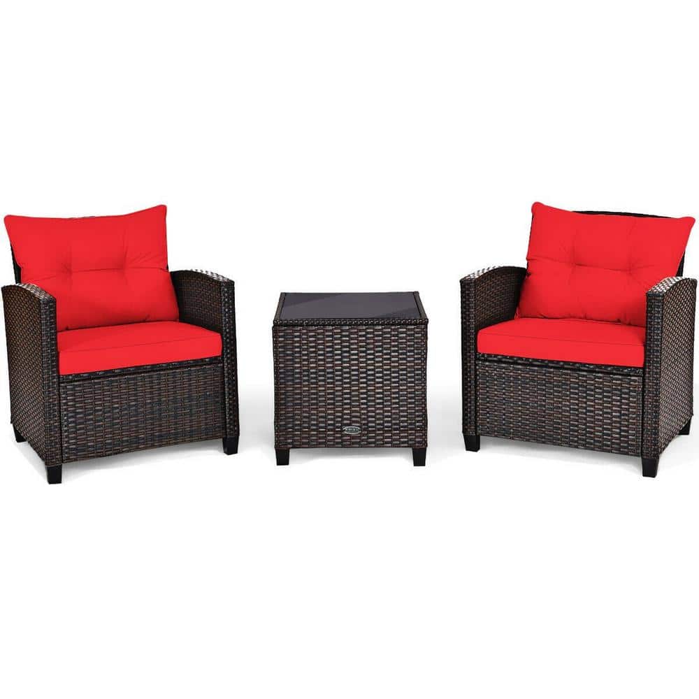 3-Piece Wicker Patio Conversation Set with Red Cushions