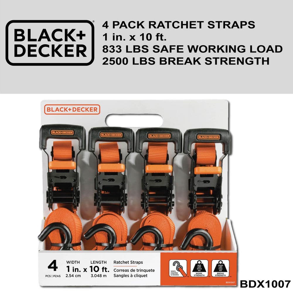 Black and Orange Adjustable Metal Ratchet Tie Down Straps, 4-Pack