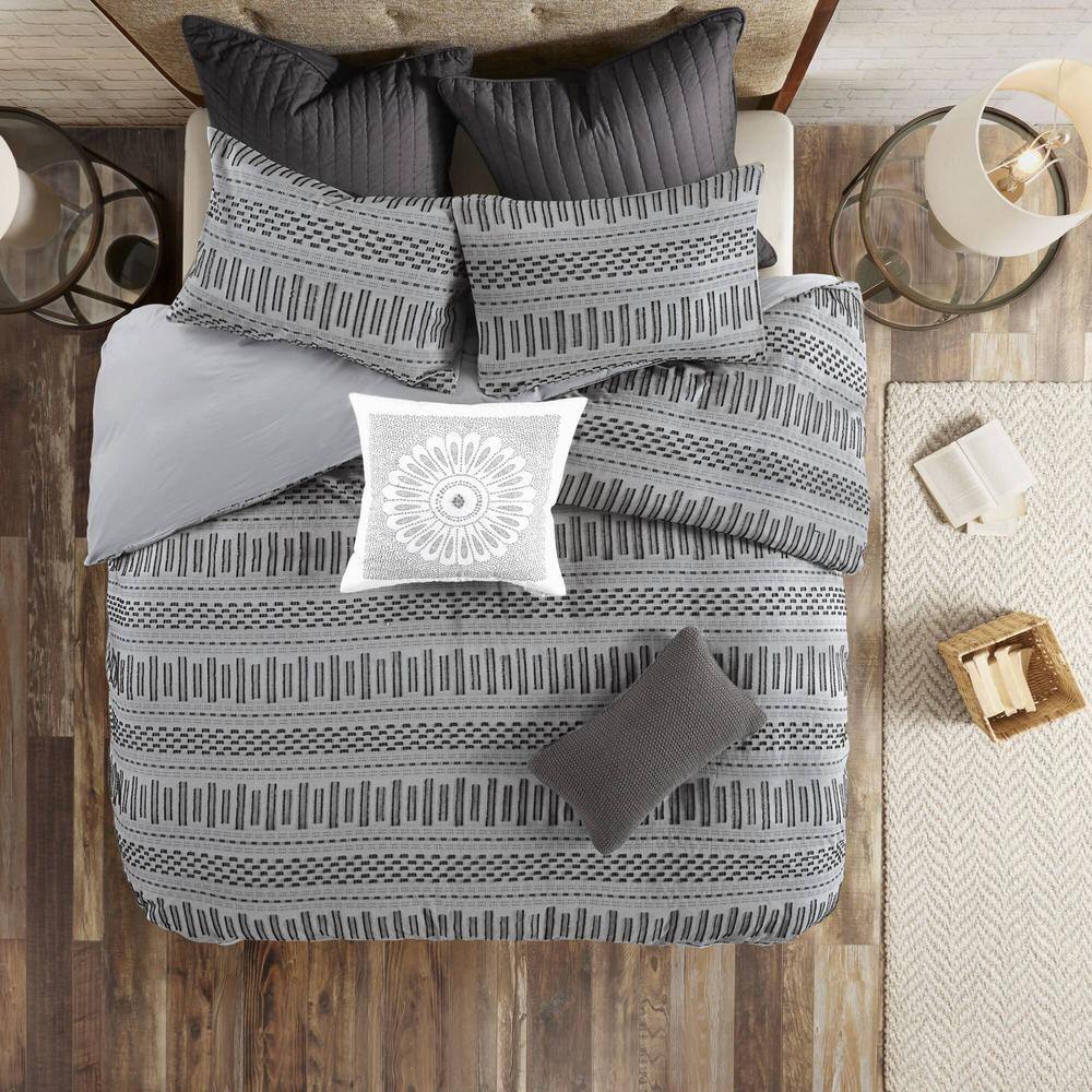 Full/Queen Gray Cotton Jacquard Duvet Cover Set with Textured Accents