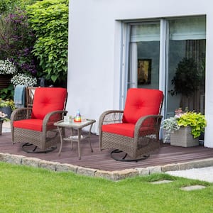 Outdoor 3-Piece Brown Wicker Patio Conversation Set with Red Cushions, Swivel Rocking Chairs and Glass Top Table Set