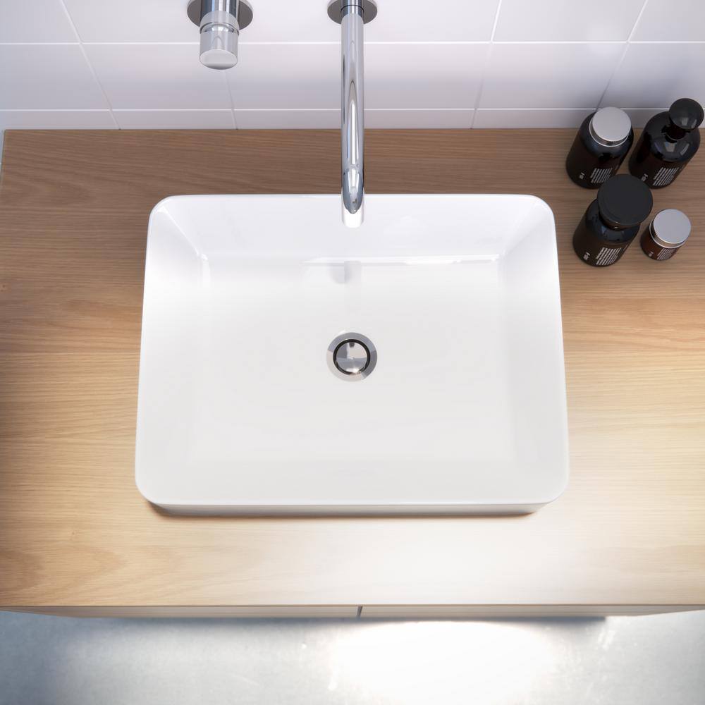 Glossy White Ceramic Rectangular Above-Counter Vessel Sink
