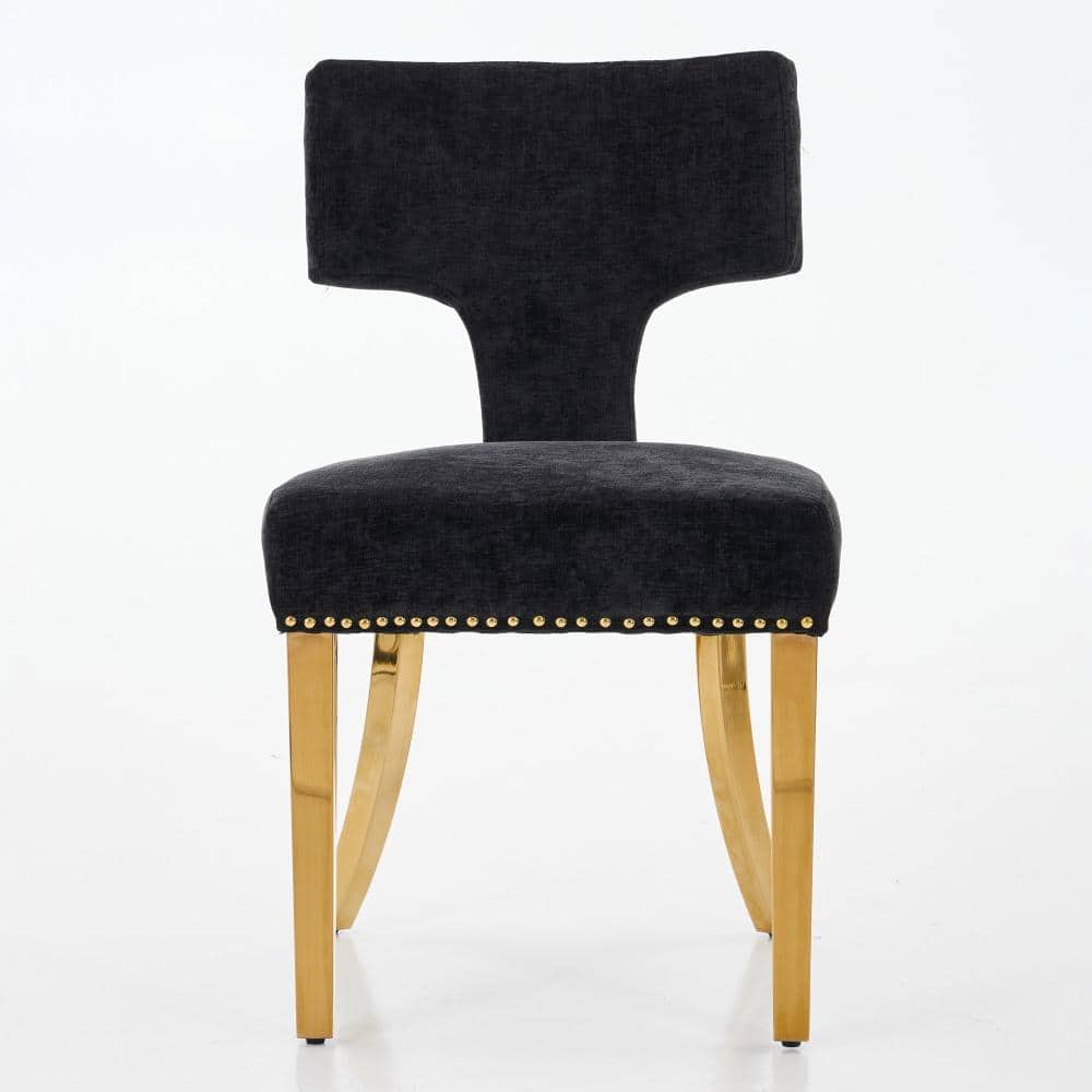Black Chenille Upholstered Curved Backrest with Copper Nails Accent Dining Chair Set of 2 durable construction price history on PriceWatchPro