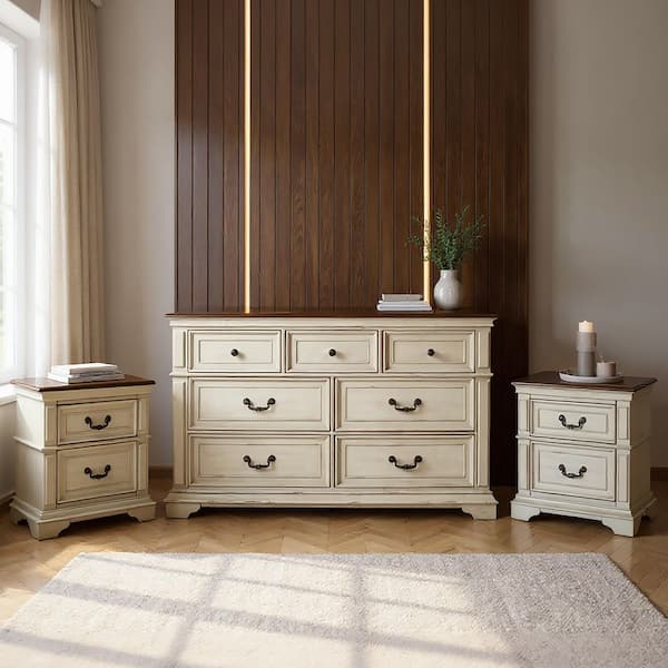 New Classic Furniture Anastasia 3-Piece Ant. White 7 Drawer 64 in. Bedroom Set with Dresser and 2 Ns
