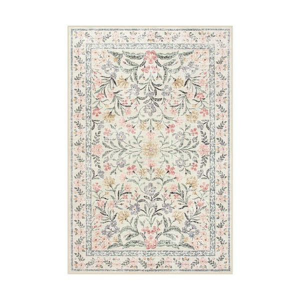 Oriental Floral Beige Soft Non-Slip 6 ft. x 9 ft. Living Room/Bedroom Indoor Area Rug