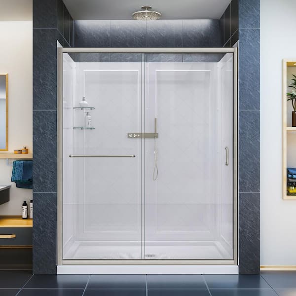 DreamLine Infinity-Z 30 in. x 60 in. Semi-Frameless Sliding Shower Door in Brushed Nickel with Center Drain Base and Back Wall