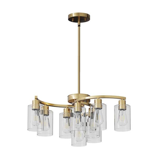 9-Light Gold Chandelier Light Fixture with Clear Glass Shades, Adjustable Height Hanging Light