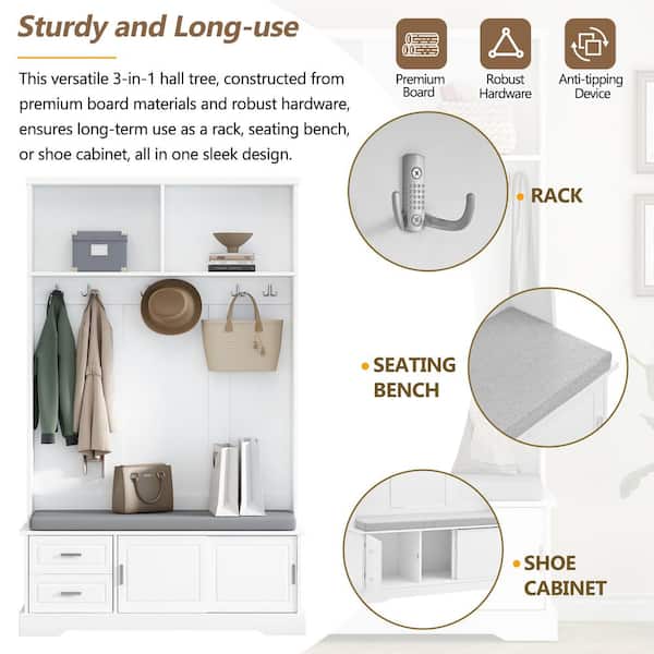 78.7 in. H x 47.2 in. W White Wood Shoe Storage Cabinet with 6 Hooks, 3-in-1 Versatile Hall Tree