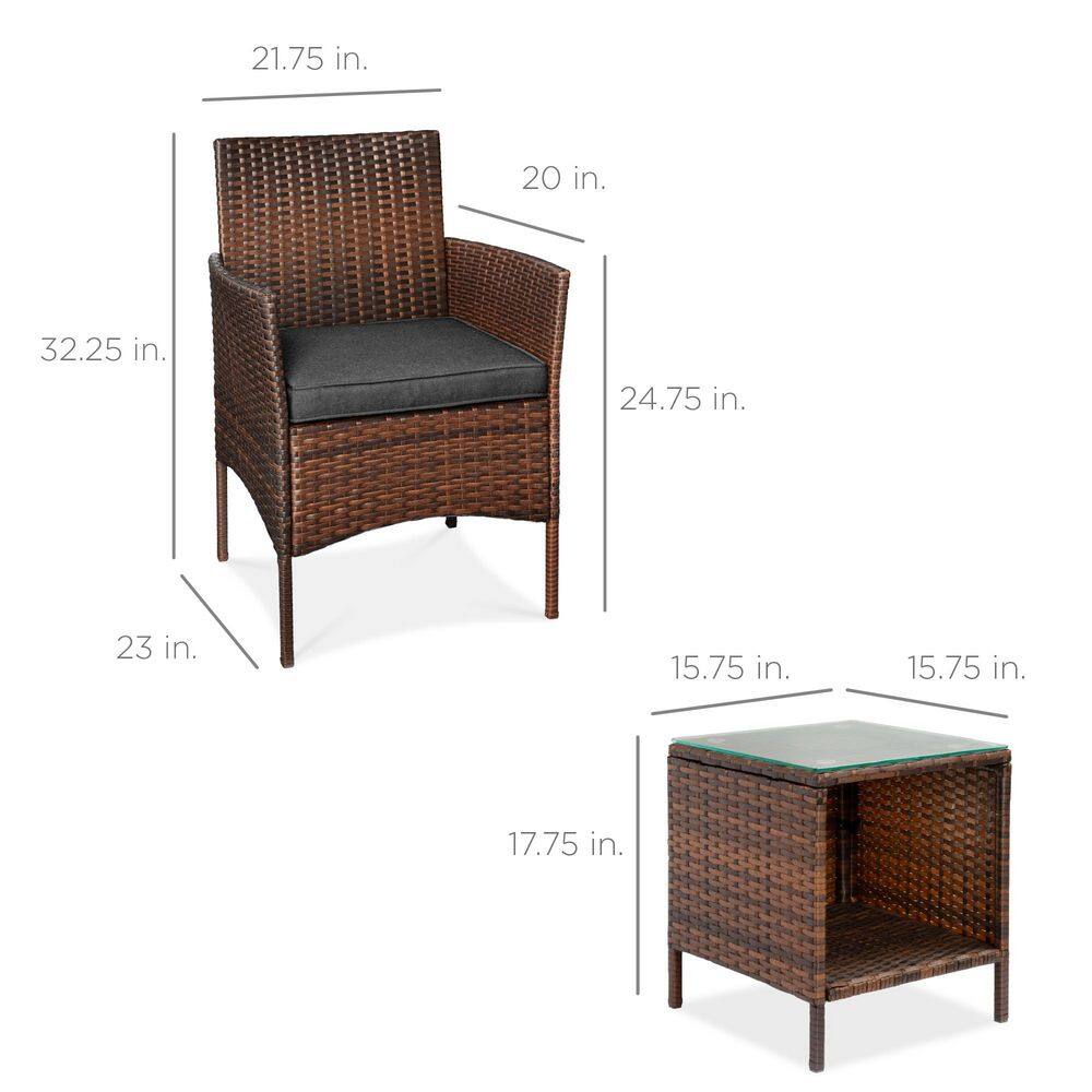 Brown and Stone Gray Steel Frame Wicker 3-Piece Patio Bistro Set