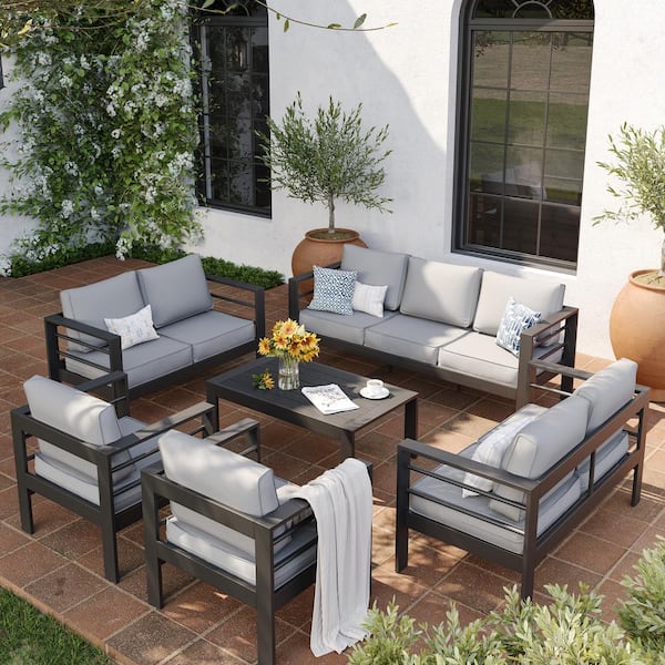 ELPOSUN 6-Piece Charcoal Gray Aluminum Patio Conversation Set with Light Gray Cushions and Coffee Table