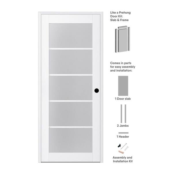 Belldinni 28 in. x 96 in. Paola Left-Hand Solid Core 5-Lite Frosted Glass Bianco Noble Wood Composite Single Prehung Interior Door