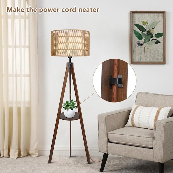 59 in. H Brown Tripod Floor Lamp with Rattan Fabric Shades Shelves Wood Standing Lamp, ON/Off Foot Switch, E26, No Bulbs