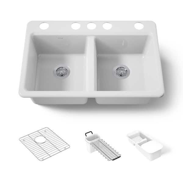 Riverby Workstation Undermount Cast Iron 33 in. 5-Hole Double Bowl Kitchen Sink Kit in White with Accessories