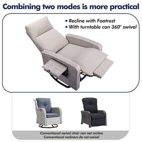 Grey Wicker Outdoor Chaise Lounge Reclining Swivel Chair with