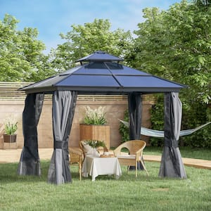 10 ft. x 10 ft. Hardtop Gazebo Canopy with Polycarbonate Double Roof, Aluminum Frame with Netting and Curtains