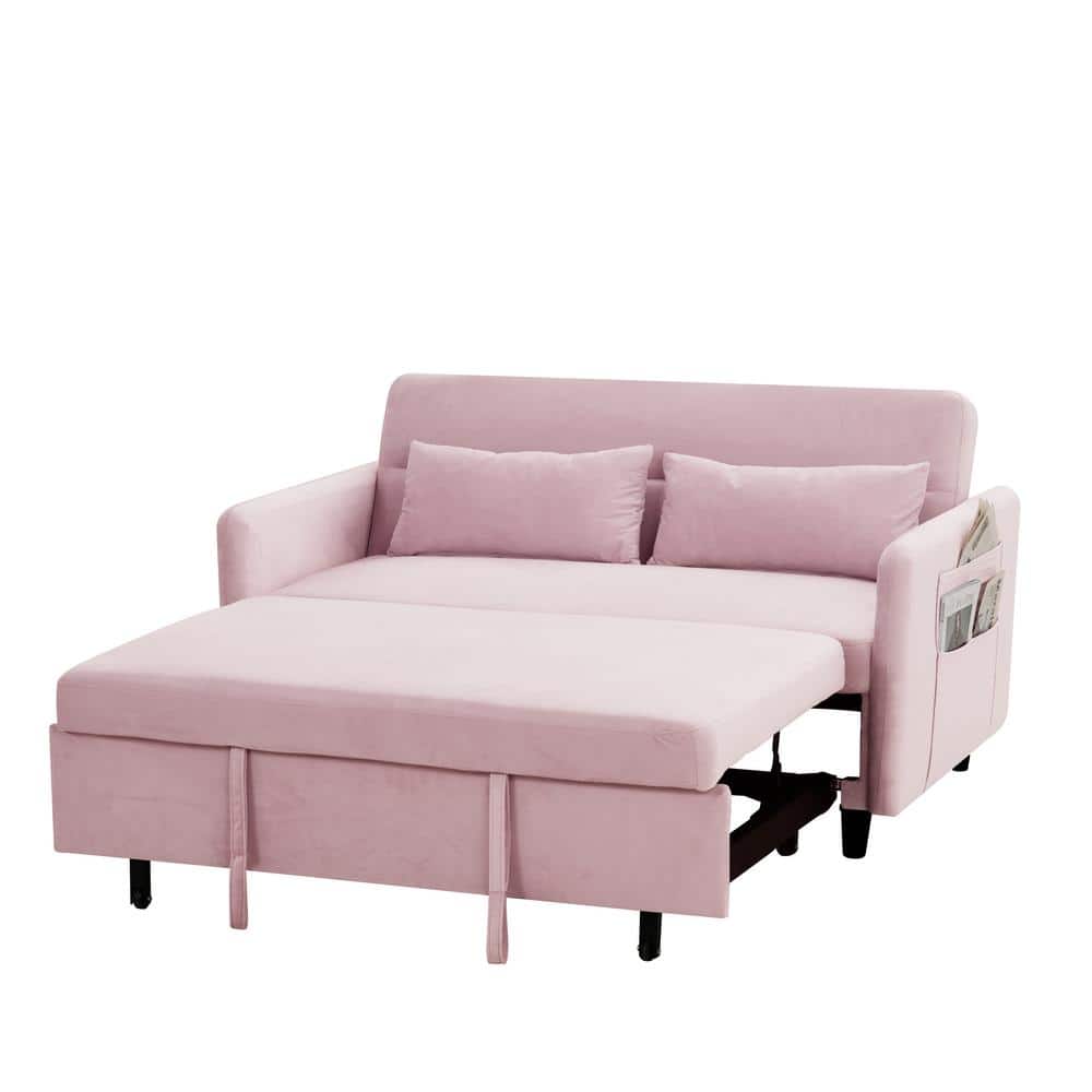Zjoyee 54 in. Pink Velvet Twin Size Sofa Bed with 2 Pillows LY20220849 The Home Depot