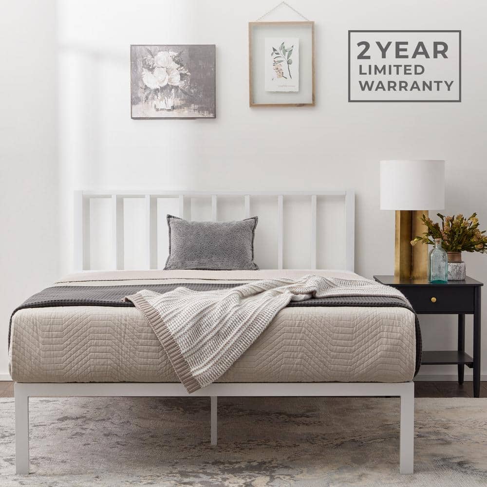 Lori Queen White Metal Platform Bed with Vertical Bar Headboard