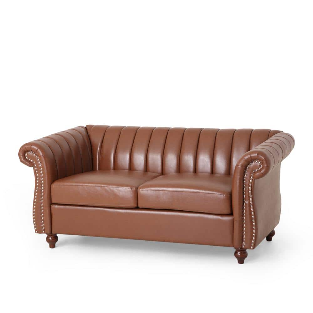 Cognac Brown Faux Leather Loveseat with Espresso Wood Accents