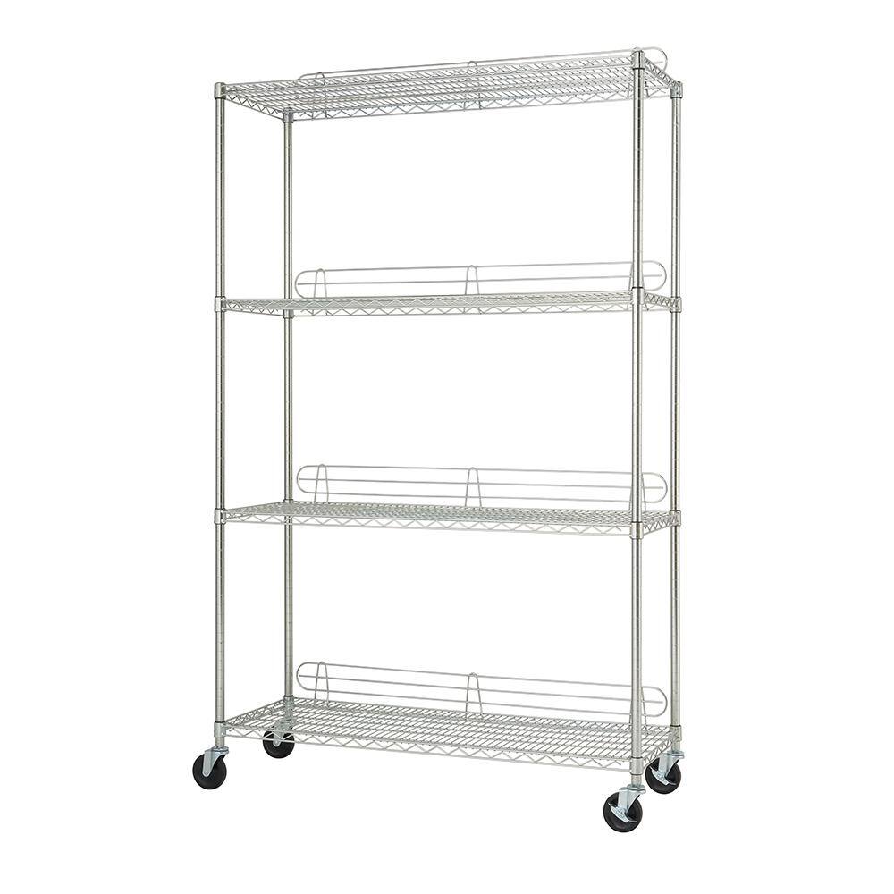 Adjustable Silver Steel 4-Tier Wire Shelving Unit with Wheels