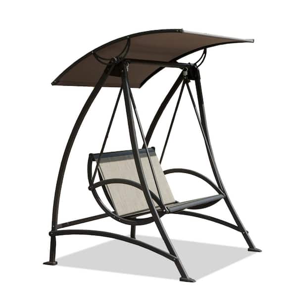 Zeus & Ruta 2-Person Dark Brown Metal Outdoor Patio Swing with Adjustable Canopy and Durable Steel Frame for Garden, Deck, Porch