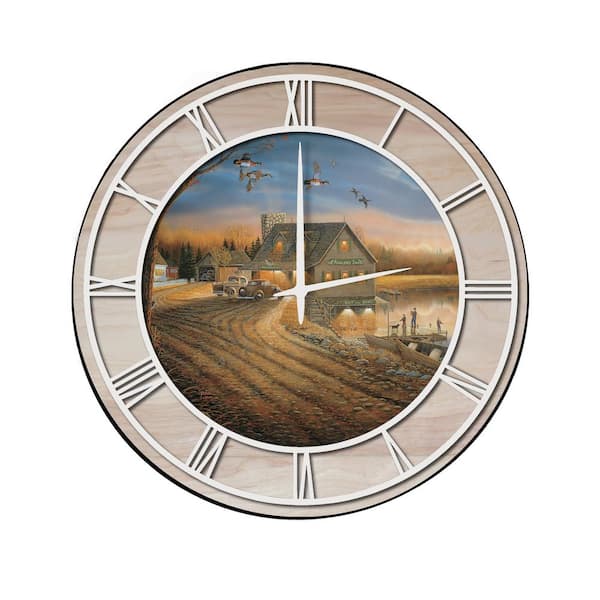 Unbranded "Angler's Inn" Woodgrain Accent and White Numbers Imaged Wall Clock