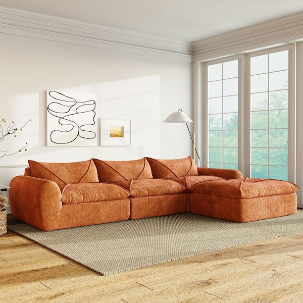 116 in. Chenille Fully Compressed Sectional Sofa in Orange