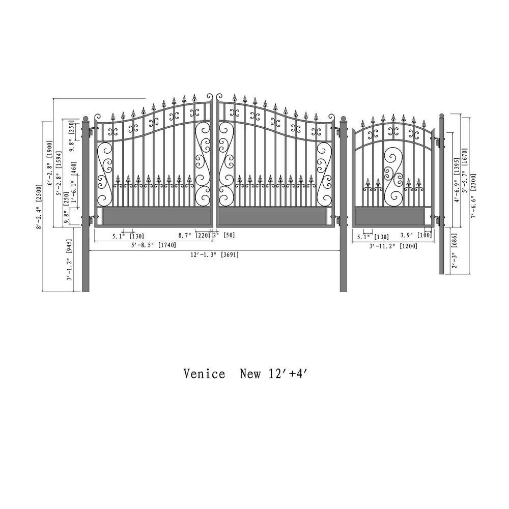 Venice Style Black Steel Dual Driveway Gate with Pedestrian Gate