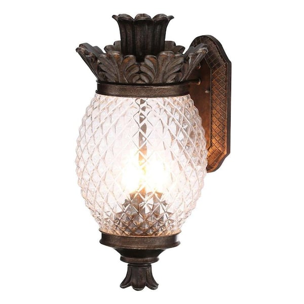 Monteaux Lighting 3-Light Bronze Pineapple Outdoor Coach Wall Light Fixture with Patterned Glass