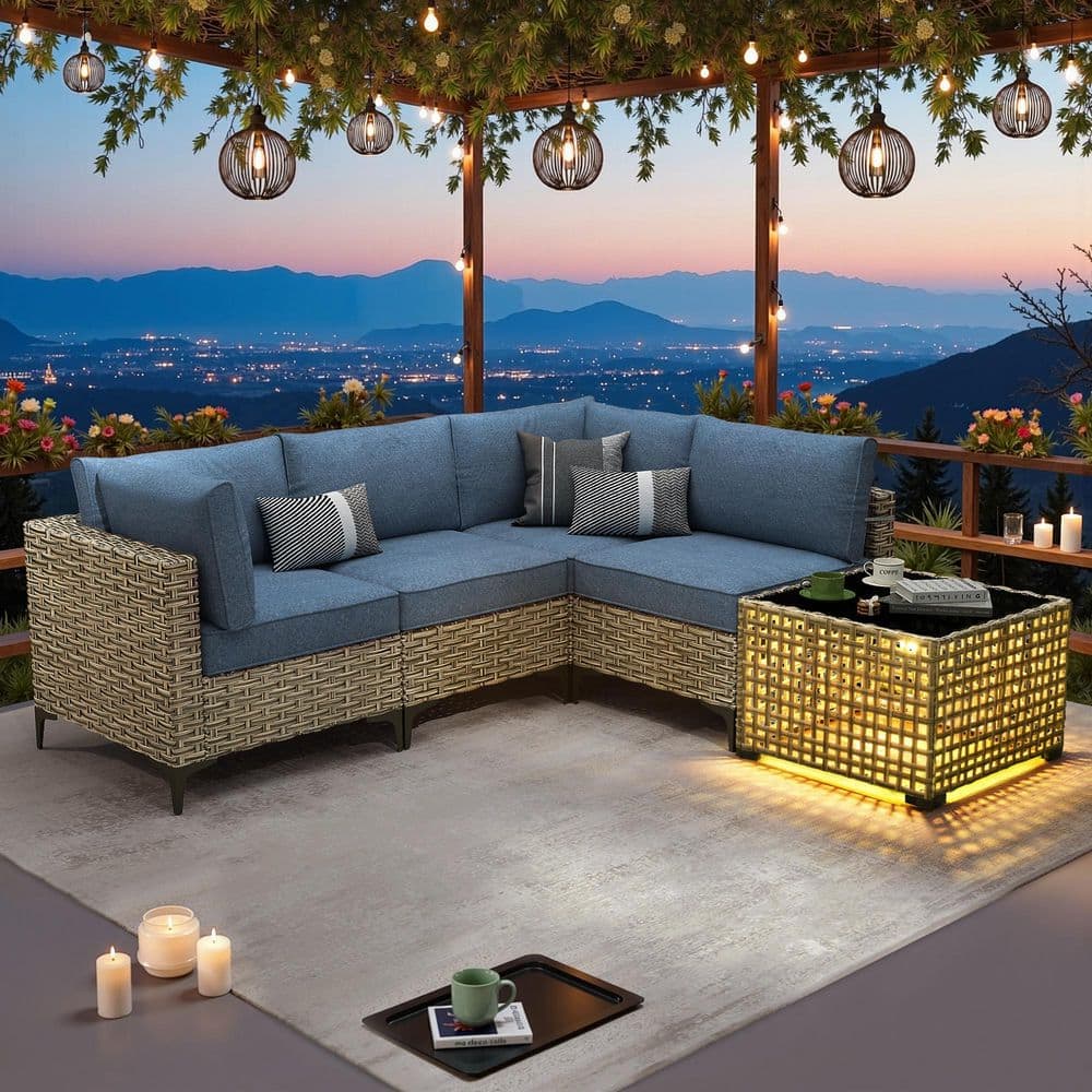 Holly Gray 5-Piece Wicker Patio Conversation Seating Set with Denim Blue Cushions and Coffee Table price history on PriceWatchPro