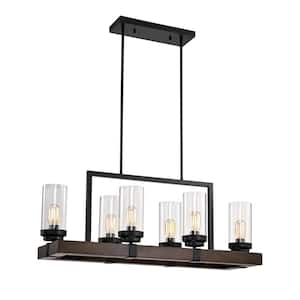 6 light Black and Brown Wood Grain Rectangular Chandelier for Kitchen Island with No Bulbs Included