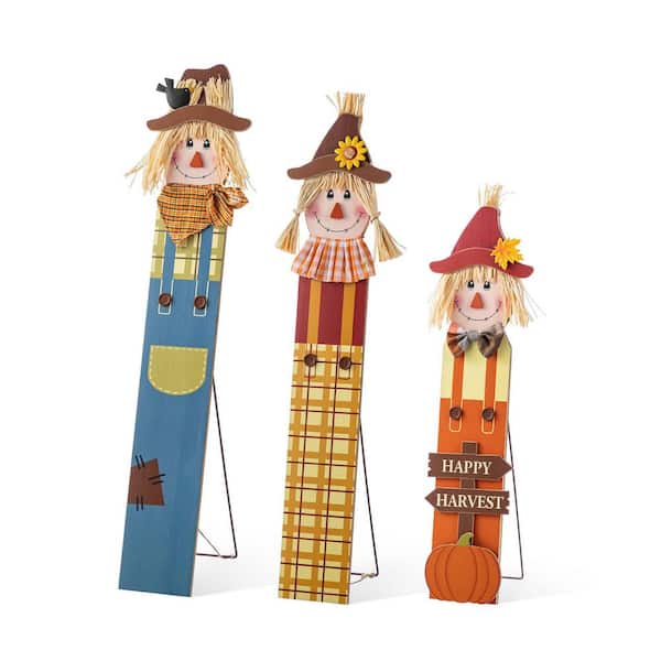 36 in. Fall Wood Sacrecrow Family Porch Decor 2 Function (Set of 3 or Single Piece)