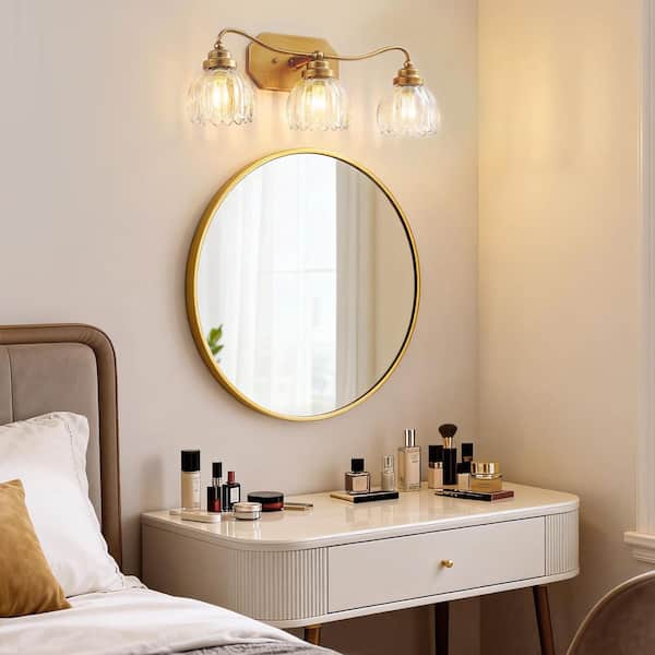 21 in. 3-Light Gold Vintage Bathroom Vanity Light, Antique Brass Wall Sconce with Crystal Glass Shade