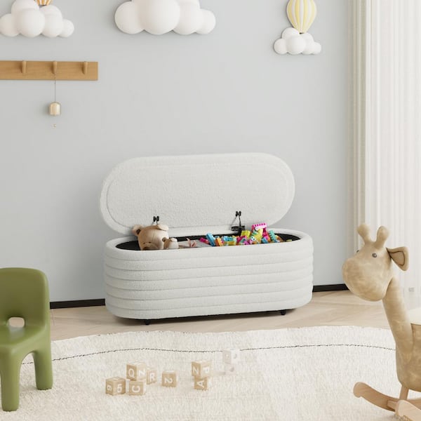 Bayville 42 in. Wide Oval Sherpa Upholstered Entryway Flip Top Storage Bedroom Accent Bench in Cream