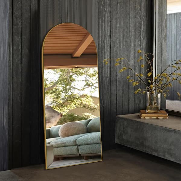 22 in. W x 65.5 in. H Oversized arched wooden classic full-length gold wall-mounted/standing mirror wall mirror